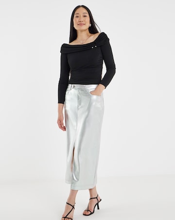 Metallic PU Leather Look Column Maxi Skirt
