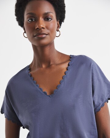 Blue Scallop V Neck Bubble Hem Top