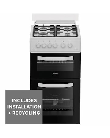 Hotpoint HTG5GCWL 50cm Gas Twin Cooker with Glass Lid - White + installation