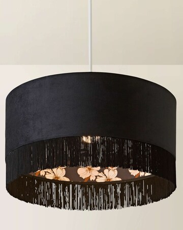ValueLights Kimberly Black Velvet Printed Inner Drum Shade with Fringe Trim