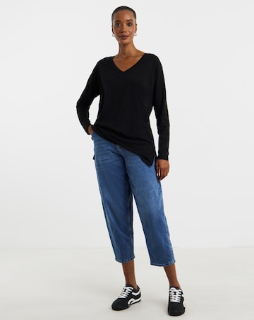 Black 3/4 Sleeve Slouch V-Neck Longline Top