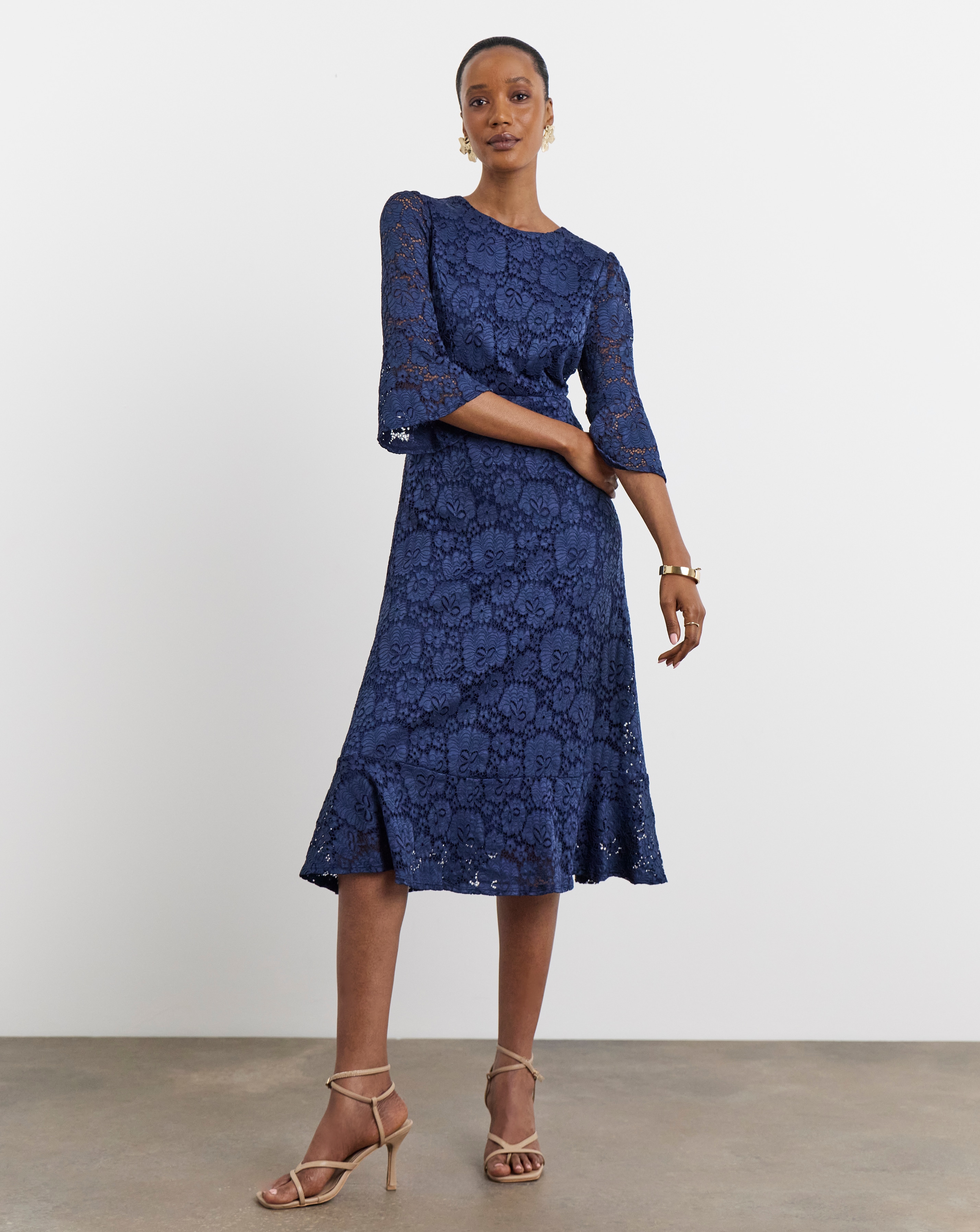 Joanna Hope Fluted Sleeve Stretch Lace Midi Dress | Ambrose Wilson