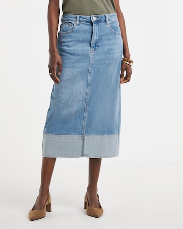 Light Blue Turn Up Midi Denim Skirt