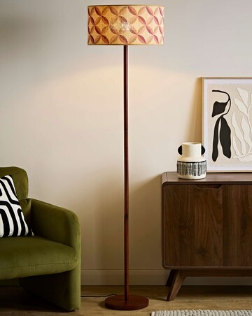 ValueLights Heather Dark Wood Wooden Stem Floor Lamp with Geo Print Bamboo Shade