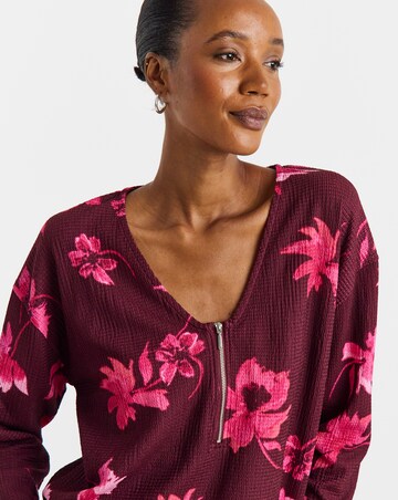 Floral Printed Zip Front Long Sleeve Longline Top