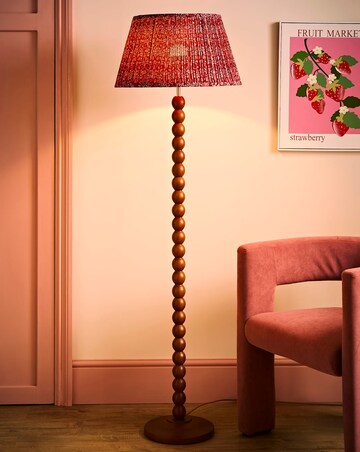 ValueLights Bobble Walnut Floor Lamp with Burgundy Floral Pleated Shade