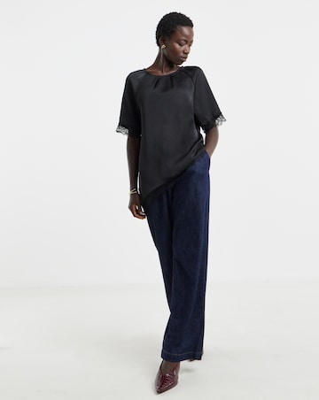 Black Satin Lace Trim Asymmetric Top Co Ord