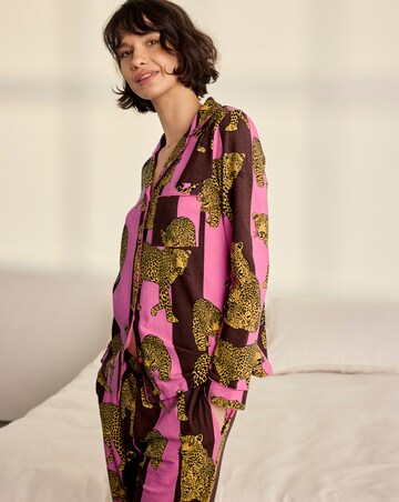 Chelsea Peers Classic Cotton Long Sleeve Button Up Stripe Leopard Pyjama Set
