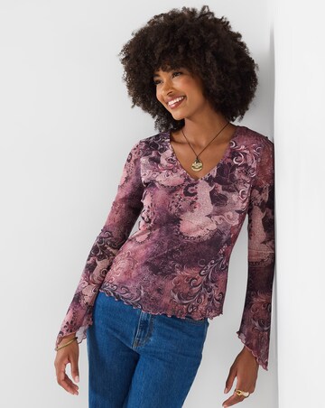 Joe Browns V-neck Patterned Mesh Top with Wide sleeve