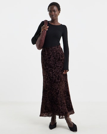 Chocolate Paisley Velour Burnout Midaxi Skirt