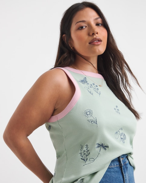 Green English Garden Embroidered Tank Top