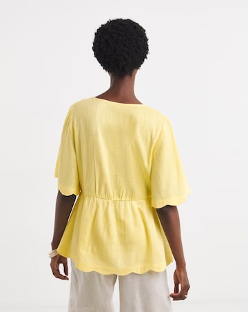 Linen Mix Scallop Hem Button Detail Top