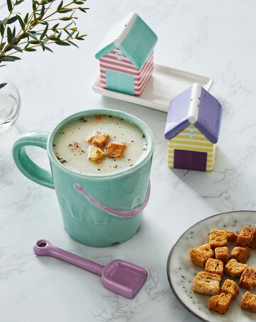 Pastel Bucket Mug with Spade Spoon and Beach Hut Salt & Pepper Shakers bundle