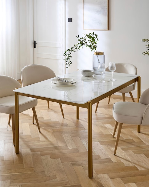 Thea Marble Effect Glass Top Dining Table With Gold Legs
