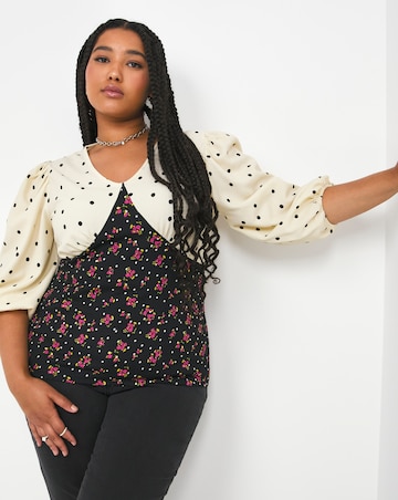 V-Neck Balloon Sleeve Mixed Print Top