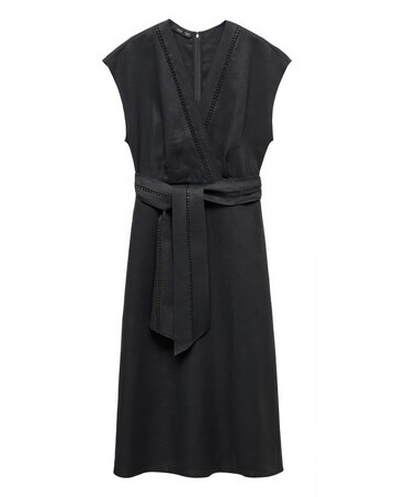 Mango Pure Linen Bow Tie V Neck Midi Dress