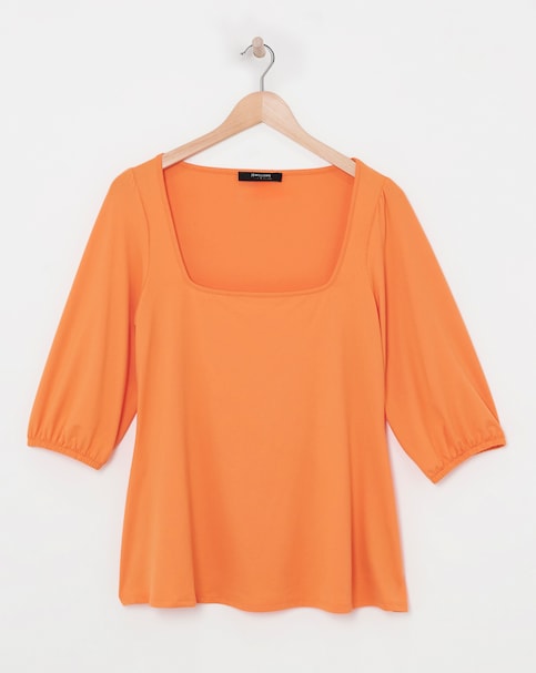 Orange Square Neck Volume Three Quarter Sleeve Top