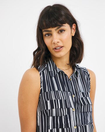 Abstract Mono Stripe Sleeveless Dipped Back Viscose Shirt