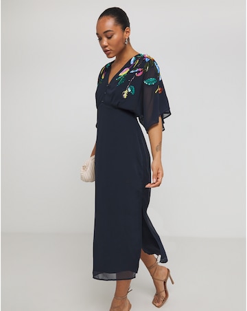 Hope & Ivy Sofia Embellished V- Neck Drape Sleeve Button Front Midi Dress