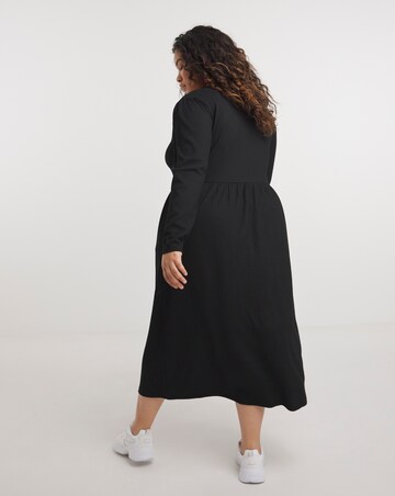 Black Long Sleeve Waffle Button Up Midi Dress With Pockets