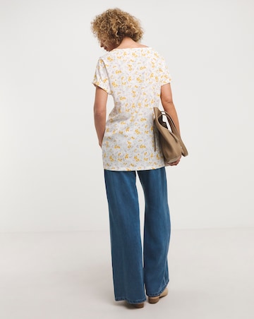 Yellow Floral Short Sleeve Longline Boxy Top With Mock Horn Buttons
