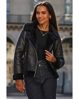 Sosandar Faux Shearling Aviator Jacket