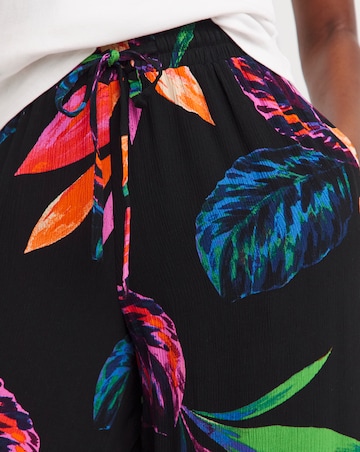 Black Print Crinkle Shirred Waist Wide Leg Trousers