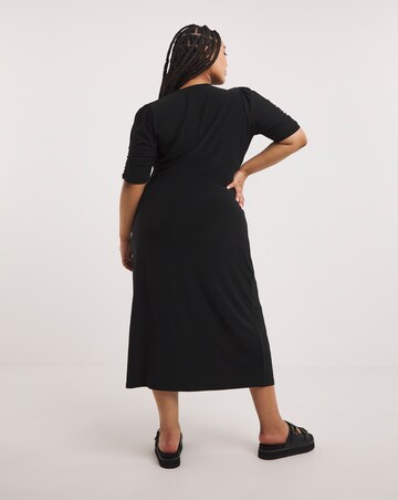 Black Slinky Ruched Midi Dress
