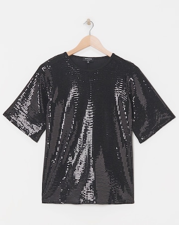 Black Sequin Crew Neck Boxy T-Shirt
