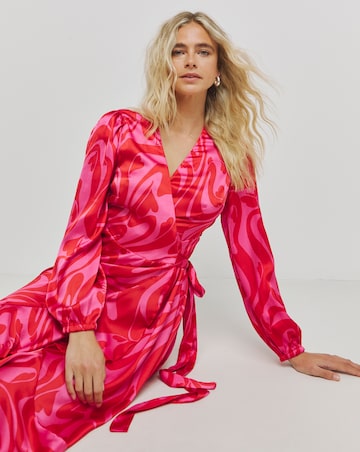 Pink And Red Swirl Print Satin Wrap Dress