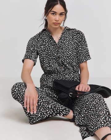Simply Be Black Printed Waffle Button Up Wide Leg Jumpsuit With Pockets