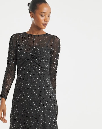 Sequin Mesh Ruched Midi Dress