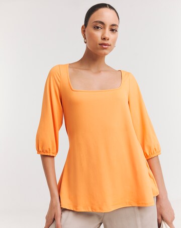 Orange Square Neck Volume Three Quarter Sleeve Top