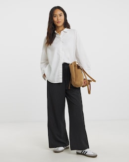 Black Pinstripe Drawstring Wide Leg Trouser