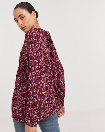 Multi Floral Ruched Tie Neck Top