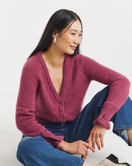 Rose Frill Sleeve Fluffy Yarn Cardigan