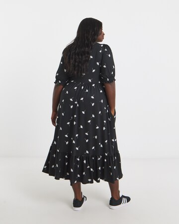 Black Ditsy Print Supersoft Tiered Midi Dress