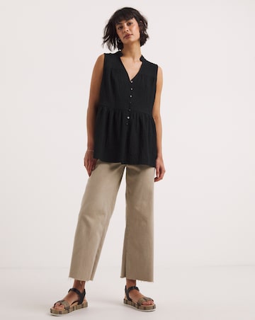 Black Textured Tie Neck Button Front Top