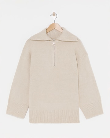 Oatmeal Zip Neck Longline Jumper