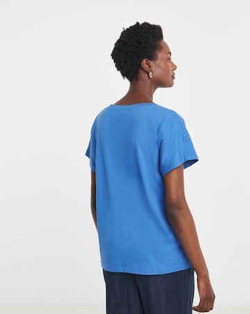 Blue V-Neck Broderie Short Sleeve T-Shirt