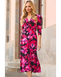 Sosandar Floral Print Twist Front Midi Dress