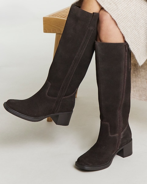 Suede Block Heel Knee High Boot Wide C