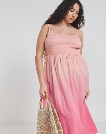 Pink Ombre Shirred Midi Dress