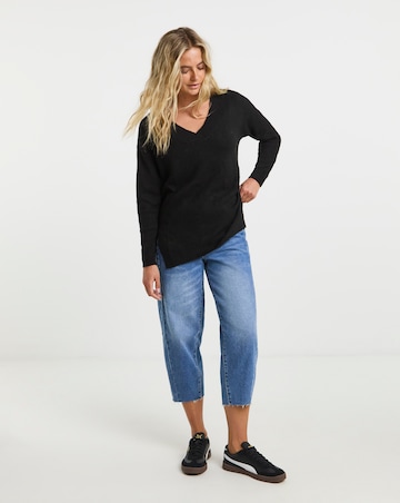 Black Cosy V Neck Longline Jumper