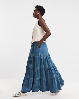 Blue Soft Maxi Tiered Denim Skirt with Tencel&trade; Lyocell