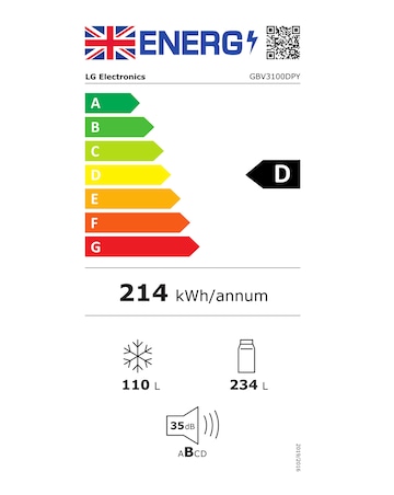 LG GBV3100DPY No Frost Fridge Freezer Silver - D Rated 186 CM