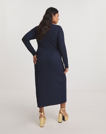 Navy Ruched Textured Jersey Midi Dress