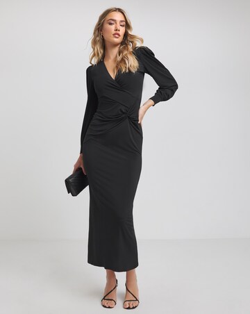 Flounce London Black Slinky Jersey Twist Knot Maxi Dress