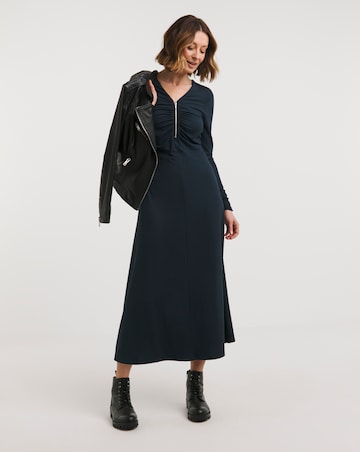 Soft Touch Zip Front Dress With Ruching