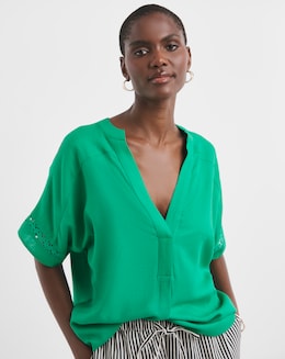 Crochet Trim Linen Mix Tunic Top